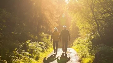 People walking together on a wide path through a sunlit green park